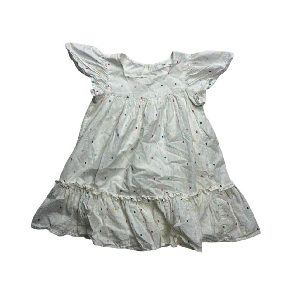 M&S Kids Ivory Cotton Embroidered Polka Dot Ruffle Smock Dress 6-7Y T77 3644E